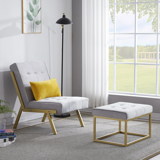 Modern Velvet Upholstery Chair & Ottoman Sets, Gold Metal Frame Living Room Accent Chair