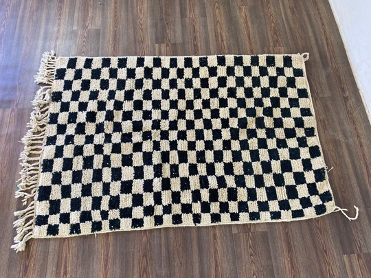 Moroccan Custom Natural Artwork Sofa Home Decor, Unique Berber Hand Knotted Bedroom Wool Rug, Black White Checker Oriental Carpet Style