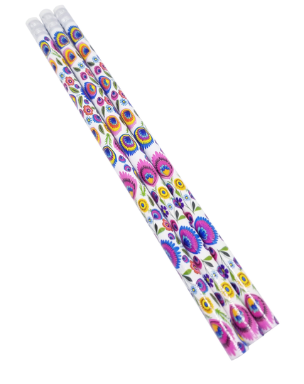 Polish Folk Art Wooden Pencils With Eraser, Set Of 3