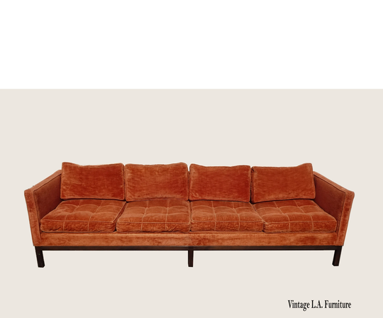 Vintage Mid Century Modern Tufted Long Low Profile Orange Velvet Sofa 1960's By Martin Brattrud