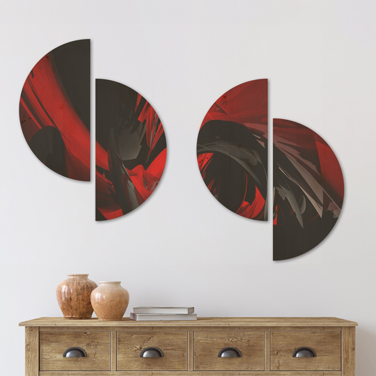 Designart 'Red and Grey Mixer' Modern Wood Wall Art Set of 4 Half Circles - Multi-Color