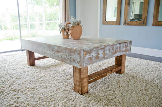 Rustic Coffee Table, Farmhouse Whitewashed Distressed Table