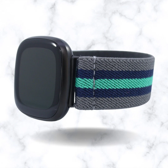 Elastic Fitbit Sense/Versa 3 Watch Band - Fits & Grey Mint Stripes Woven Stretch Scrunchy Holiday Xmas Gift
