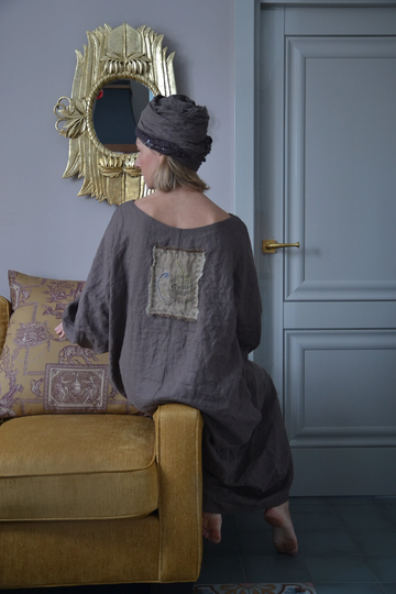 Maxi Linen Embroidered Dress.coffee Color With Sleeves.custom Length.long Dress