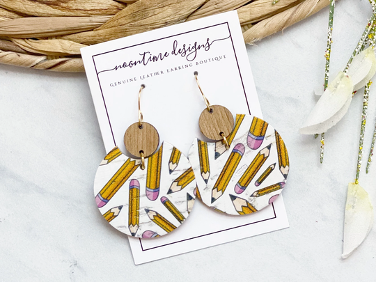 Cork Pencil Party Cork & Leather Disc Earrings, Genuine Earring, Real School Teacher Gift