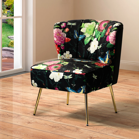 HULALA HOME Bold Classical Patterned Tufted Side Chair with Goldtone Legs
