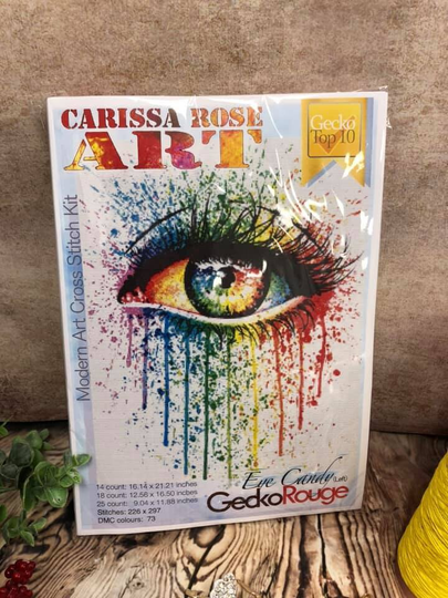 Eye Candy | Left By Carissa Rose Modern Cross Stitch Art Kit 25 Count 2x1 Kit, Rainbow Stitching Set