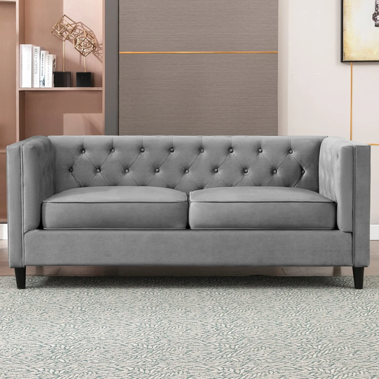 Velvet 3-Seater Sofa, 77" Mid-Century Modern Sofa Furniture with Tufted Button, Upholstered Sofa Couch
