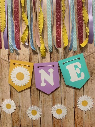 Daisy High Chair Banner First Birthday Decor Retro Rainbow Groovy Party Kids Onestock Woodstock Hippie