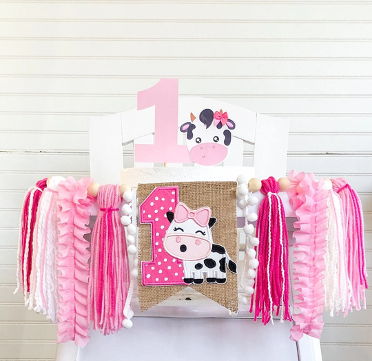 Cow Birthday High Chair Yarn Tassel Banner, Cake Smash Backdrop First Birthday, Topper, Topper