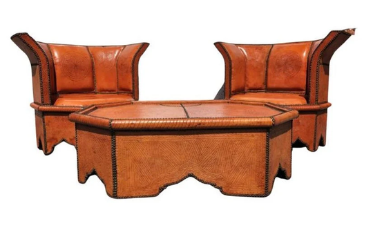 Vintage Orange Leather Set, Handmade Moroccan Bedroom Table With Chairs. This Is The Missing Piece For Your Living Room Furniture