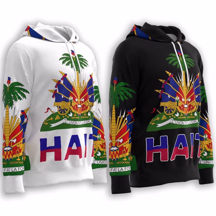 Haiti Coat Of Arms Haitian Flag Drapeau D'haïti Creole Drapo Ayiti L'union Fait La Force Black White Hoodie Sweater Sweatshirt