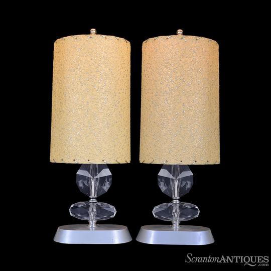 Mid-Century Atomic Glass Diamond Table Lamps with Fiberglass Shades - A Pair