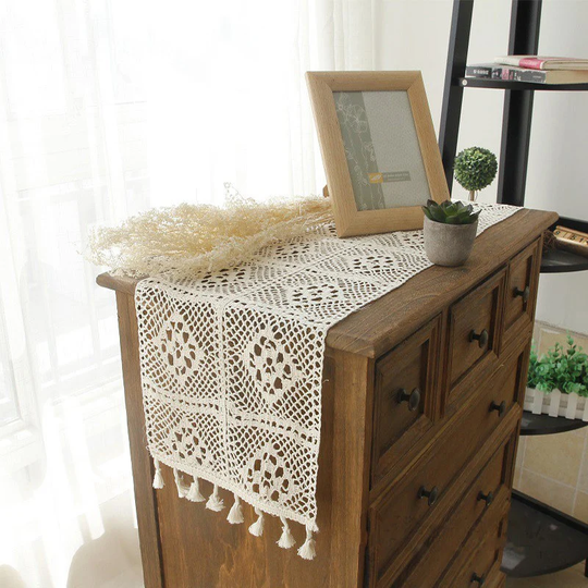 Beige Cotton Lace Table Runner For Wedding |Handmade Crochet | Vintage Style Lace Table Runner With Tassels