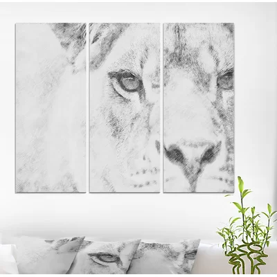 'Black and White Lion Pencil Sketch' Oil Painting Print Multi-Piece Image on Wrapped Canvas