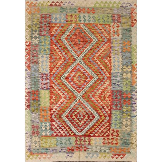 Kilim Area Rug Hand-Woven Multi-Color Wool Carpet - 5'10" x 7'11"