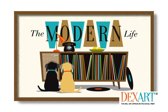 Mid Century Modern Art Print Dog Lover Gift, Retro Sideboard, Black Lab, Vinyl Record Storage, Player, Labrador Retriever