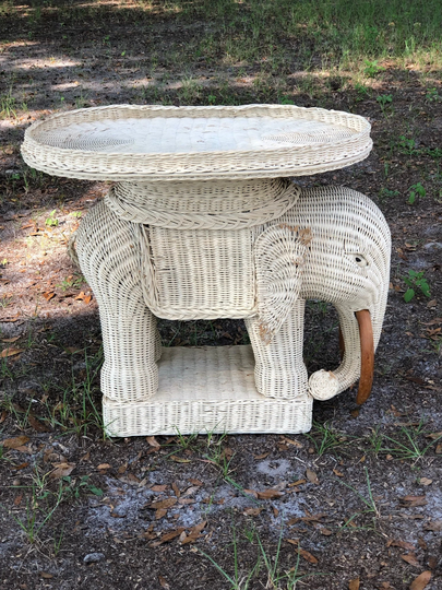 Vintage Wicker Elephant Side Table, Plant Stand, End Boho Decor, Asian Furniture