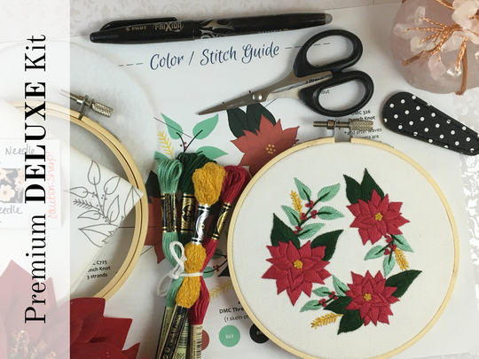 Deluxe Embroidery Kit, Poinsettia Wreath Beginner Hand Floral Diy Craft Hoop Art Kit