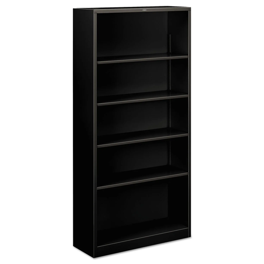 Metal Bookcase, Five-Shelf, 34.5 x 12.63 x 71, Black - 34.5" x 12.63" x 71"