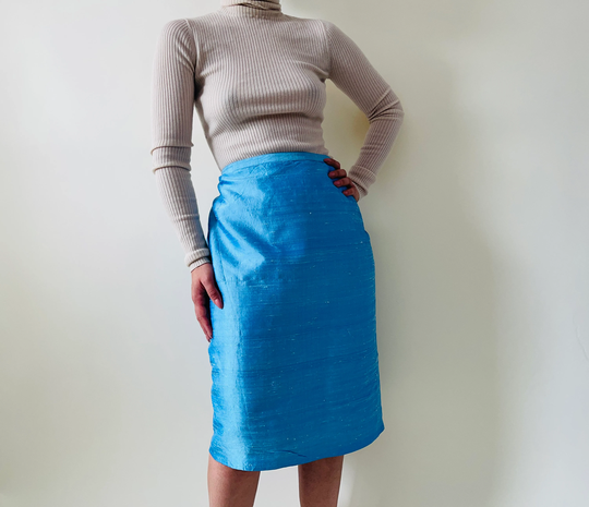 Vintage 100% Silk Light Blue Pencil Skirt
