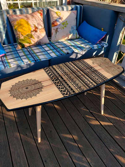 Custom Surfboard Coffee Table Or Counter Stylized As Vintage Brown-Blue Driftwood Surfing Board With Black Octopus Print For Nautical Decor