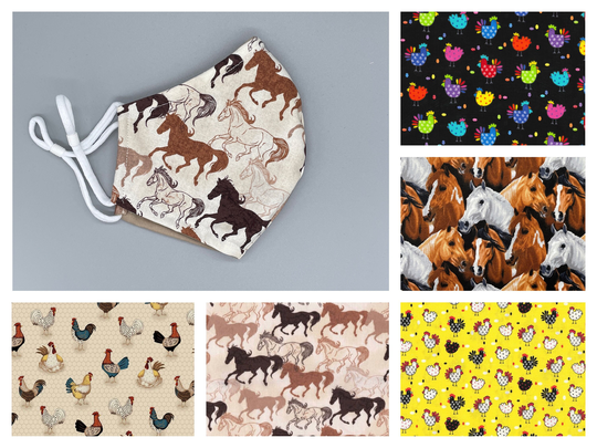 Horses, Chickens, Farm Animals Face Mask - Adult, Child, Kid, School, Adjustable, Nose Wire, Cotton, Washable, Handmade, Reusable