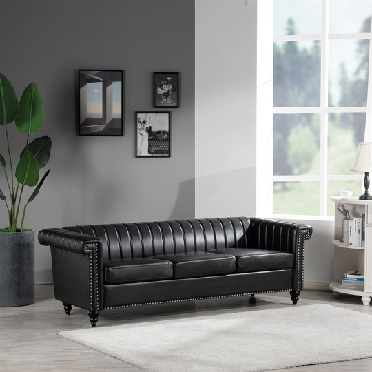 83.5" PU Leather Sofa Traditional Square Arm Removable Cushion 3 Seater Sofa