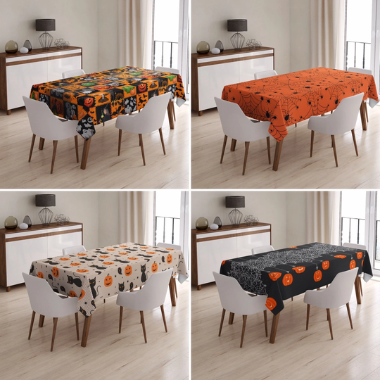 Halloween Tablecloth, Pumpkin Table Cover, Orange & Black Kitchen Linens, Dining Room Decor, Farmhouse Gift