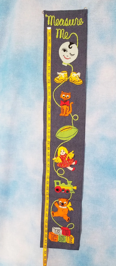 Vintage 70S Kids Hand Made "Measure Me" Wall Hanging With Colorful Felt, Cloth, Sequin & Yarn Appliques Of Toys, Shoes, Measuring Tape