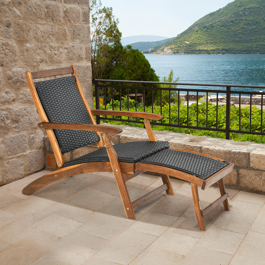 Gymax Folding Patio Acacia Wood Deck Chair Rattan Chaise Lounge Chair - 24'' x 51.5'' x 32.5'' (L x W x H)