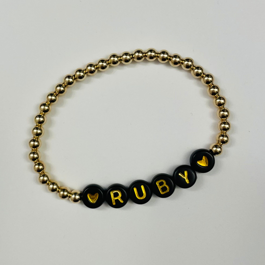 14K Gold Filled 4mm Beaded Heart & Name Bracelet | Custom Personalized Initial