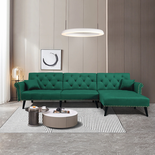 L-Shape Convertible Sofa Bed Sleeper Velvet Upholstered Sectionals Reversible Chaise with Inlaid Copper Nails Decor