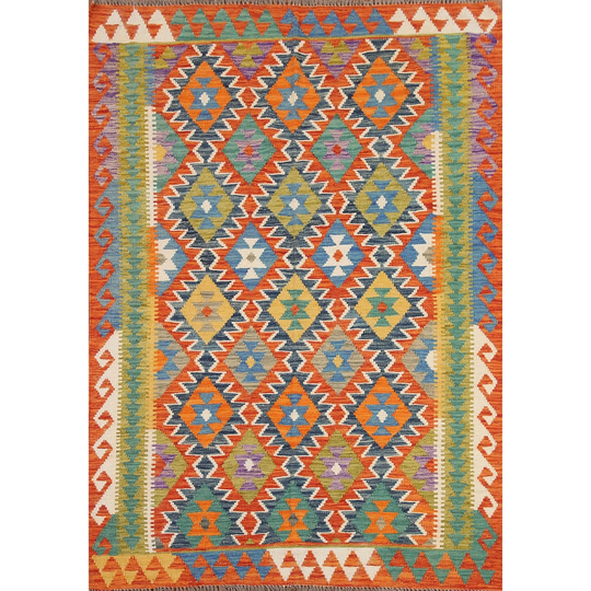Colorful Kilim Area Rug Hand-woven Oriental Wool Carpet - 4'11" x 6'4"