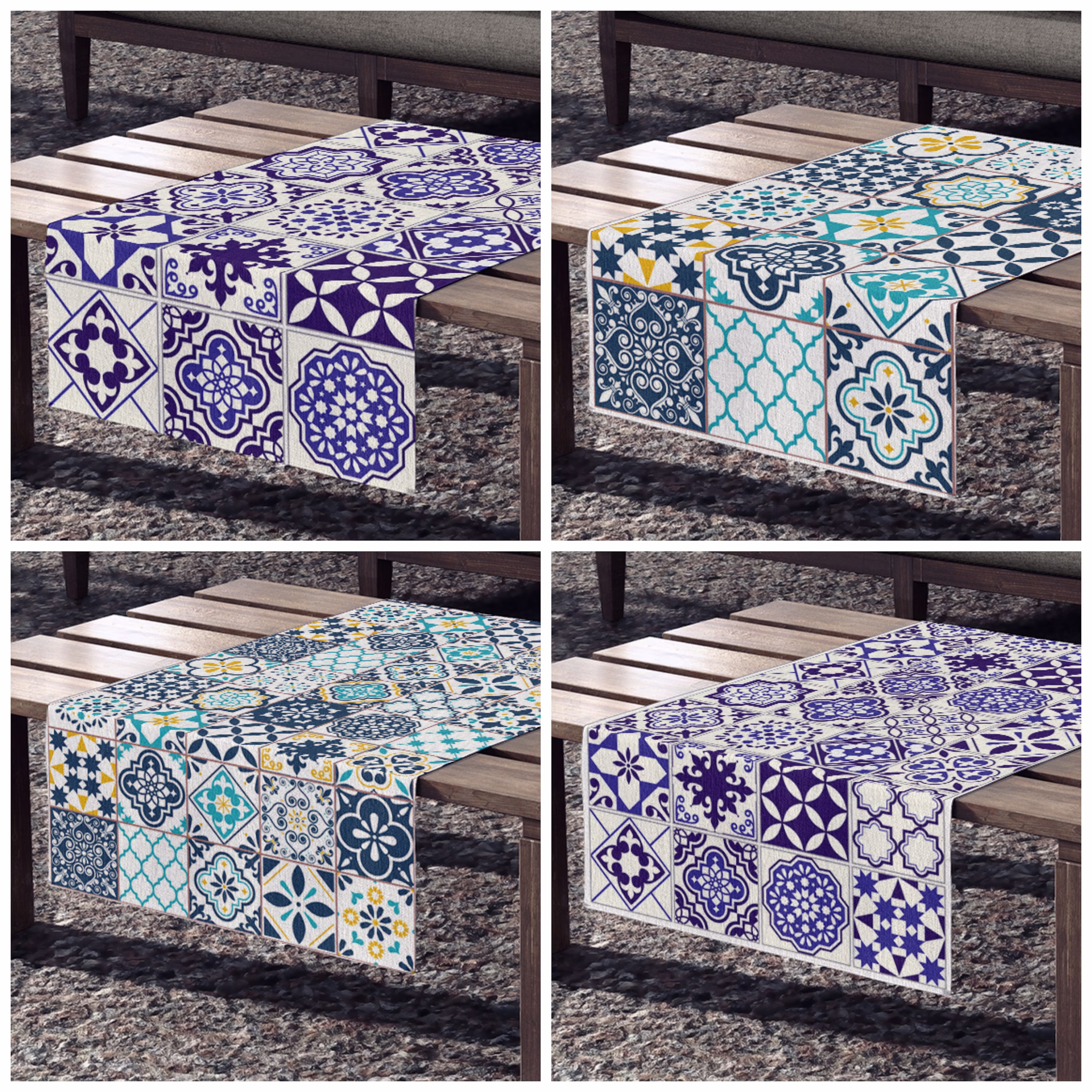 Tile Pattern Table Runner, Blue Table Runner, Spanish Moroccan White Kitchen Decor, Navy Runner