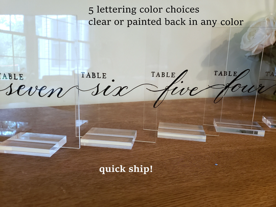 Acrylic Table Numbers Card Sign Handwritten & Clear Or Painted Backsplash in Any Color 5 Lettering Choices W/Without Stand-Quick Ship