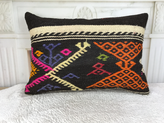 Bohemian Chic Pillow, Sofa Kilim Lumbar, Handwoven Ethnic Cushion, Throw Bolster 16x24 Inch Embroidered Turkish 2489