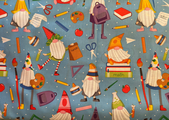 Gnome Cotton Fabric, Fat Quarter, By The Yard, Quilting Fabric, School Pencil Books Fabric
