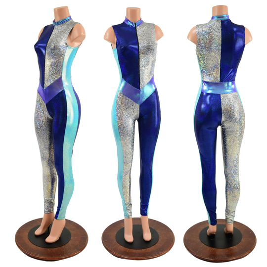 V Front Harlequin Color Blocked Catsuit With Zipper Emk1579212