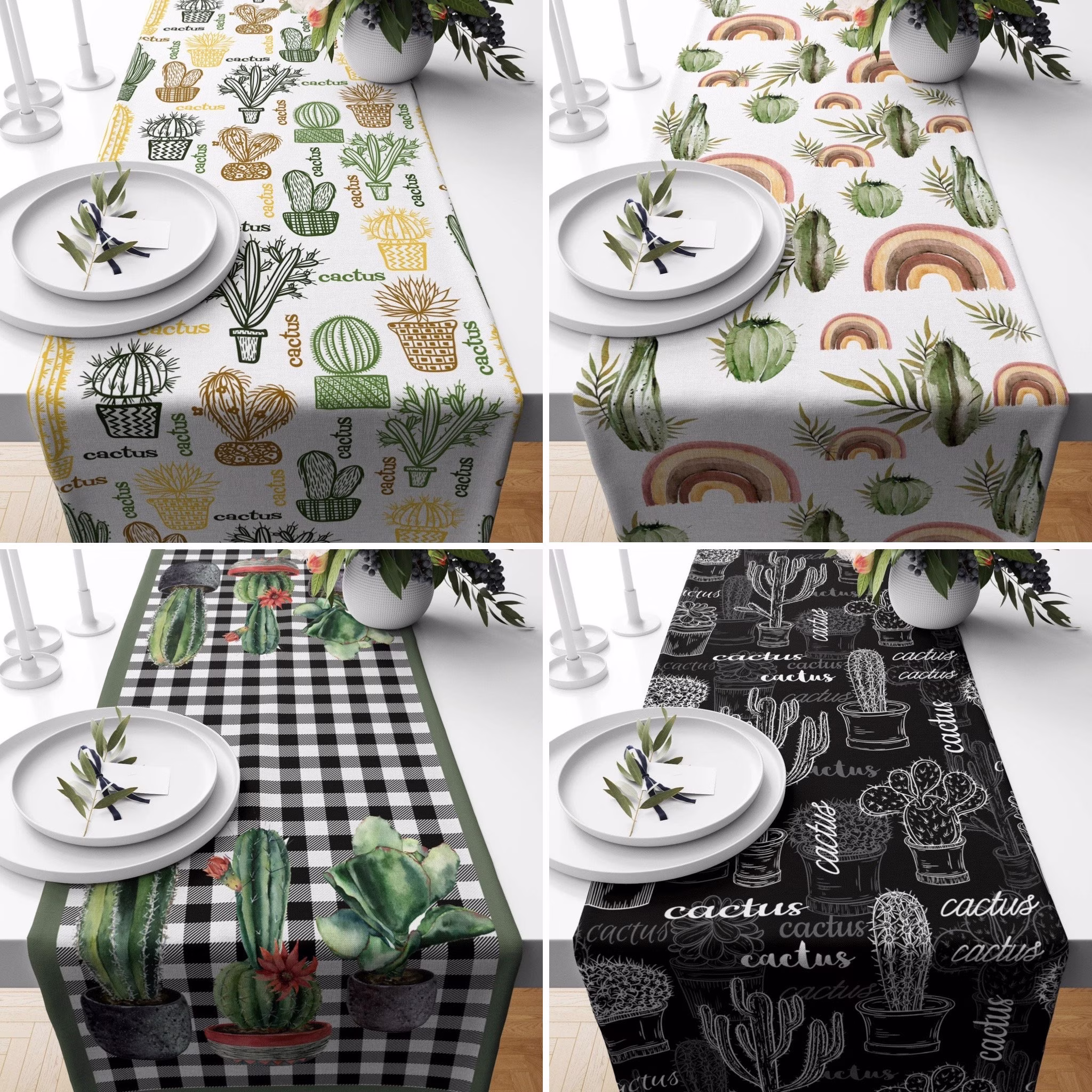 Cactus Table Runner, Floral Boho Farmhouse Tablecloth, Kitchen Textile, Housewarming Gift, Gift For Her, Decor