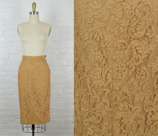 1970S Brown Lace Pencil Midi Skirt . Xsmall