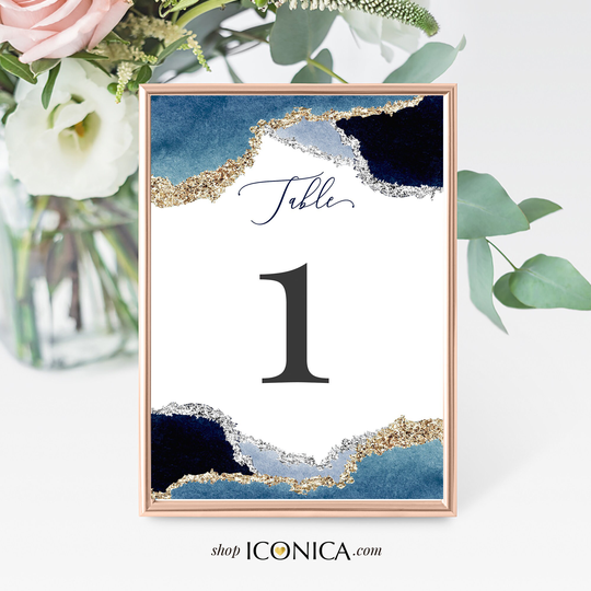 Geode Navy Table Number Cards Custom Text, Decorations Printed Personalized