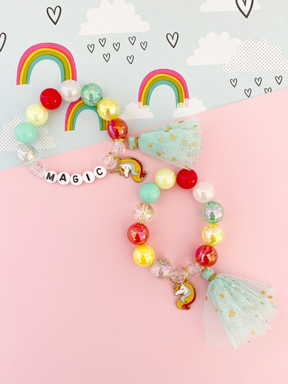 Kids Rainbow Unicorn Tassel Bracelet, Personalized Charm Bracelet Toddler Custom Name, For Girls, Stretch