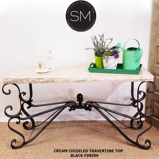 Vintage Wrought Iron Console Table With Natural Travertine Stone Top-1237Ct
