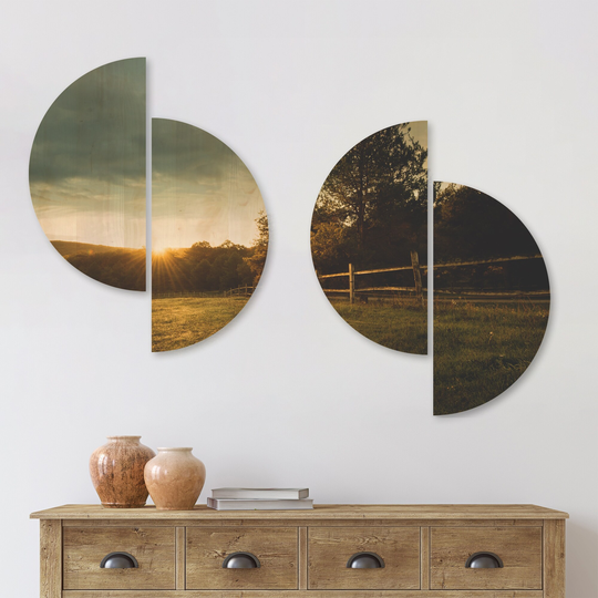 Designart 'Beautiful Sunrise in the farm' Landscape Wood Wall Art Set of 4 Half Circles - Multi-Color