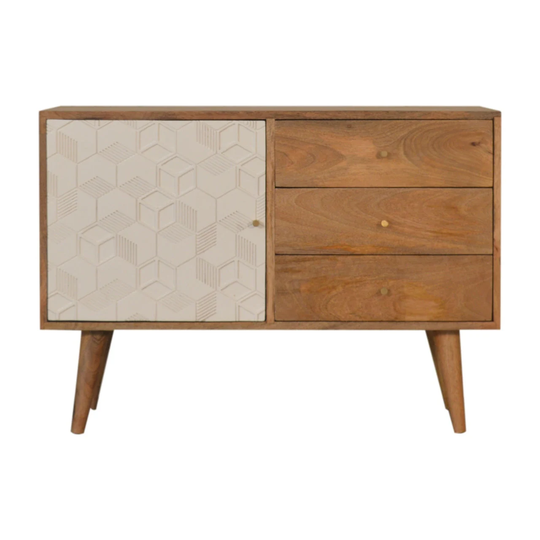 Handmade Solid Wood 3 Drawer Sideboard With White Hand-Carved Cube Design Door Front