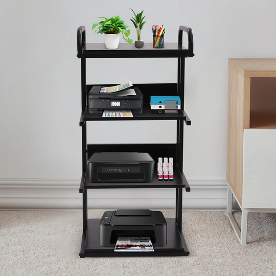 4-Shelf Black Mobile Printer Stand with Storage Shelves