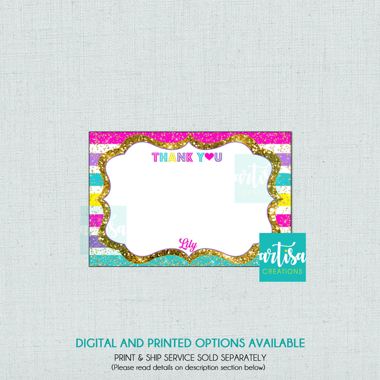 Colorful Thank You Card, Color Stripes & Gold Thank Notecard, Girl Colorful Note Card