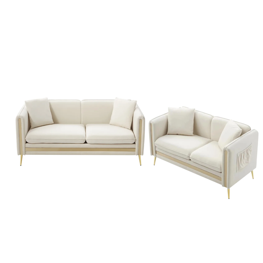 Mid-Century Emboss Velvet Upholstered Sofa Couch Set, 3-Seat Sofa & Loveseat with Removable Cushions, 4 Pillows & Metal Legs