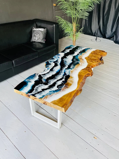 Custom Ocean Table, Epoxy Resin Tea Loft Design Wooden Office Poplar & Blue Beach Table